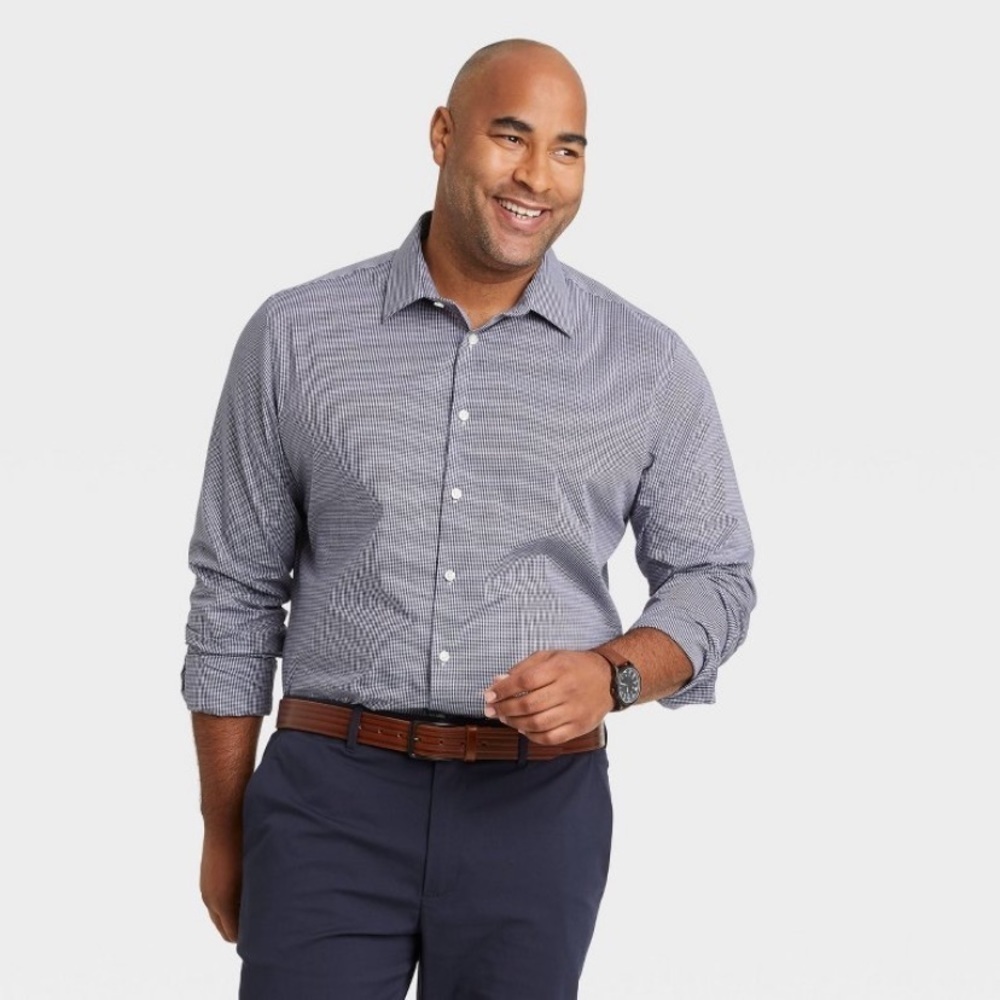 NWT - Navy Gingham Check Long Sleeve Button Up Dress Shirt - Standard Fit